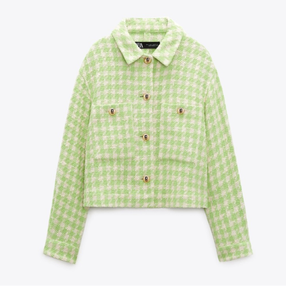 Zara crop gold button green and white jacket